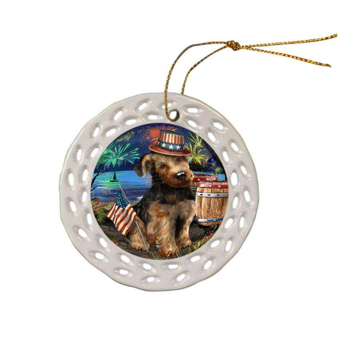 4th of July Independence Day Fireworks Airedale Terrier Dog at the Lake Ceramic Doily Ornament DPOR50903