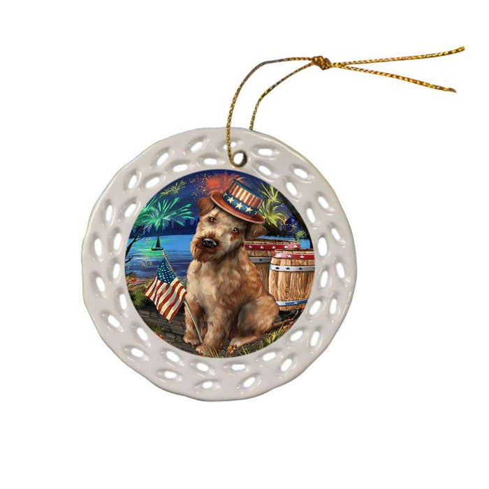 4th of July Independence Day Fireworks Airedale Terrier Dog at the Lake Ceramic Doily Ornament DPOR50904