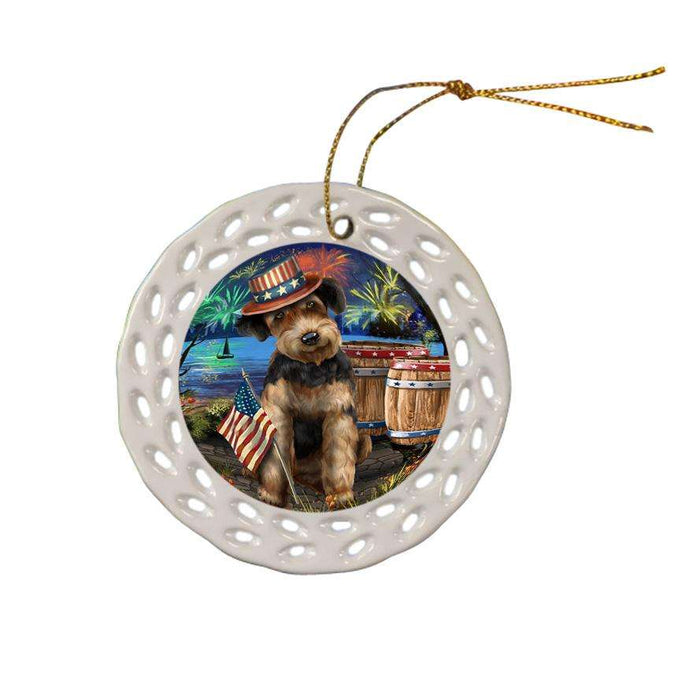 4th of July Independence Day Fireworks Airedale Terrier Dog at the Lake Ceramic Doily Ornament DPOR50905