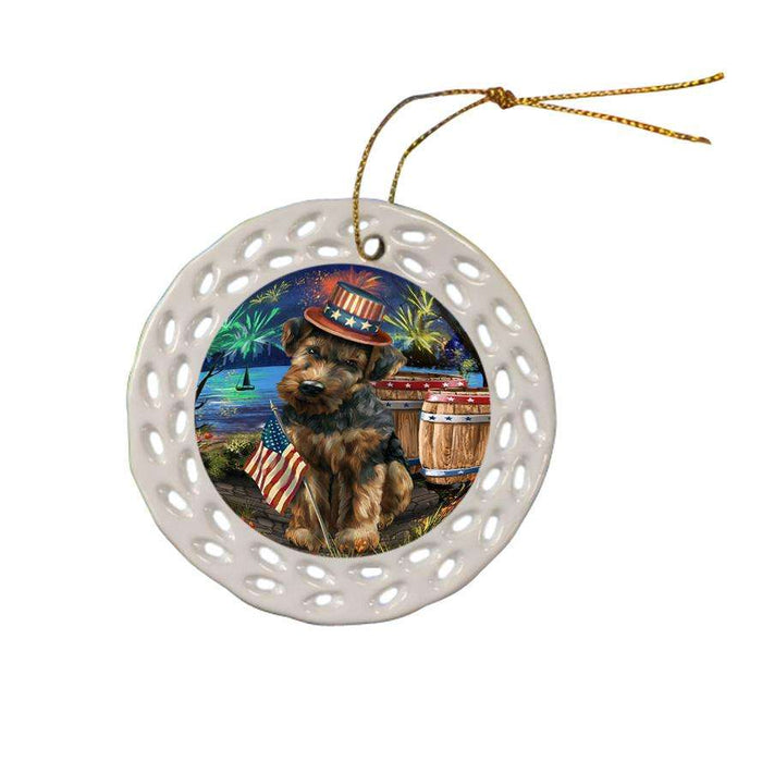 4th of July Independence Day Fireworks Airedale Terrier Dog at the Lake Ceramic Doily Ornament DPOR50906