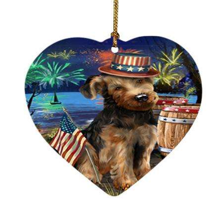 4th of July Independence Day Fireworks Airedale Terrier Dog at the Lake Heart Christmas Ornament HPOR50903