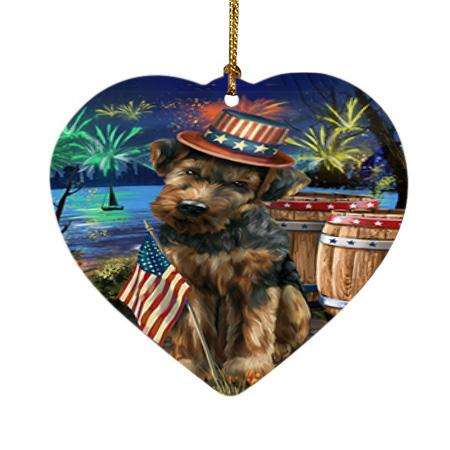 4th of July Independence Day Fireworks Airedale Terrier Dog at the Lake Heart Christmas Ornament HPOR50906