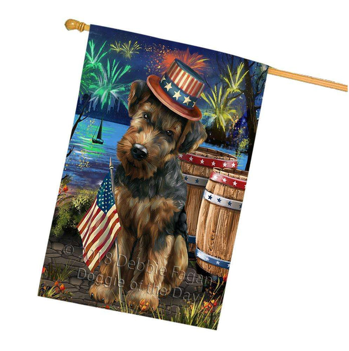 4th of July Independence Day Fireworks Airedale Terrier Dog at the Lake House Flag FLG50964