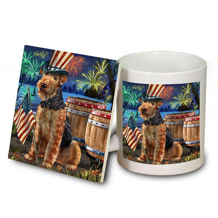 4th of July Independence Day Fireworks Airedale Terrier Dog at the Lake Mug and Coaster Set MUC50894