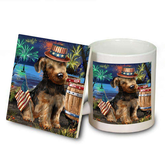 4th of July Independence Day Fireworks Airedale Terrier Dog at the Lake Mug and Coaster Set MUC50895