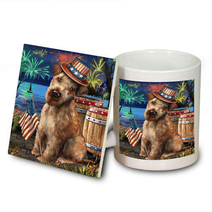 4th of July Independence Day Fireworks Airedale Terrier Dog at the Lake Mug and Coaster Set MUC50896