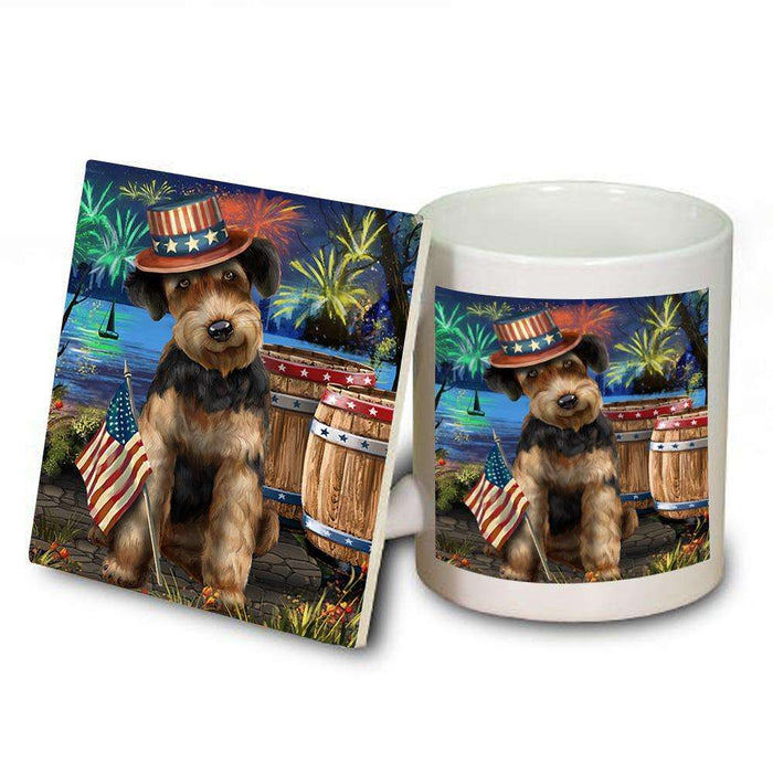 4th of July Independence Day Fireworks Airedale Terrier Dog at the Lake Mug and Coaster Set MUC50897