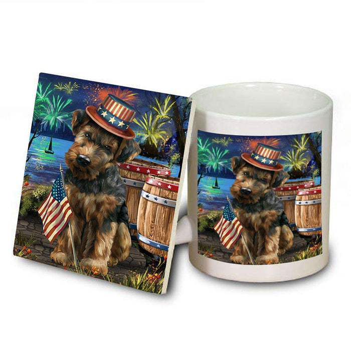 4th of July Independence Day Fireworks Airedale Terrier Dog at the Lake Mug and Coaster Set MUC50898