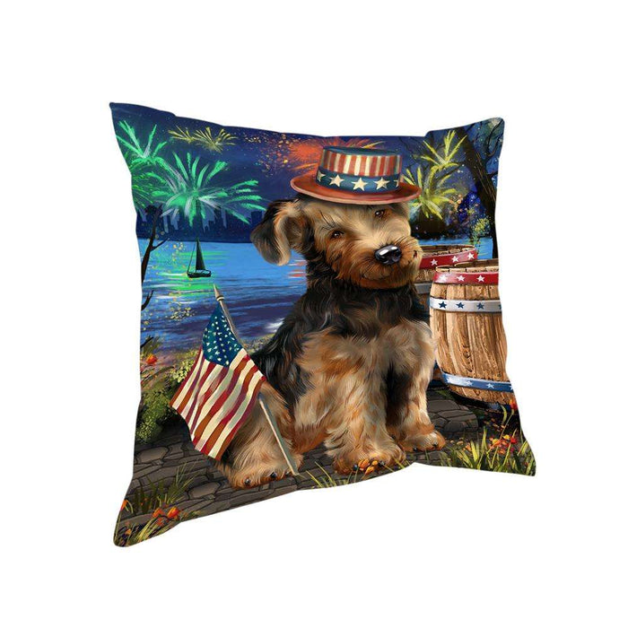 4th of July Independence Day Fireworks Airedale Terrier Dog at the Lake Pillow PIL59676