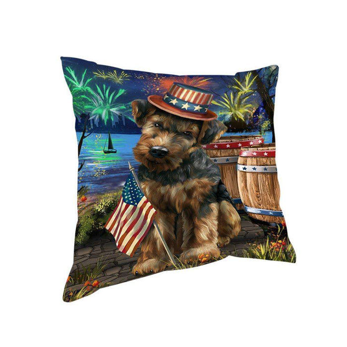 4th of July Independence Day Fireworks Airedale Terrier Dog at the Lake Pillow PIL59688