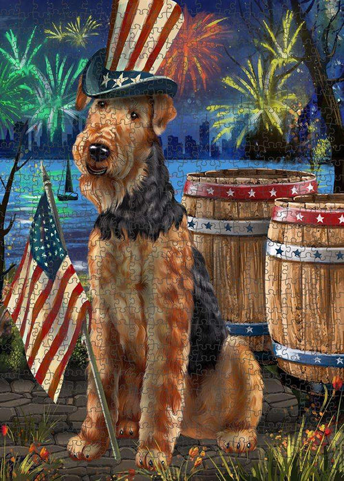 4th of July Independence Day Fireworks Airedale Terrier Dog at the Lake Puzzle with Photo Tin PUZL56568