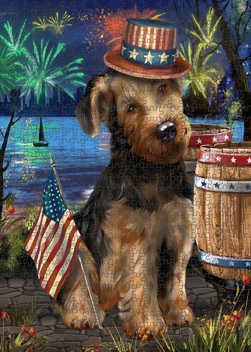 4th of July Independence Day Fireworks Airedale Terrier Dog at the Lake Puzzle with Photo Tin PUZL56571