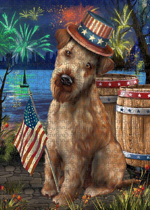 4th of July Independence Day Fireworks Airedale Terrier Dog at the Lake Puzzle with Photo Tin PUZL56574
