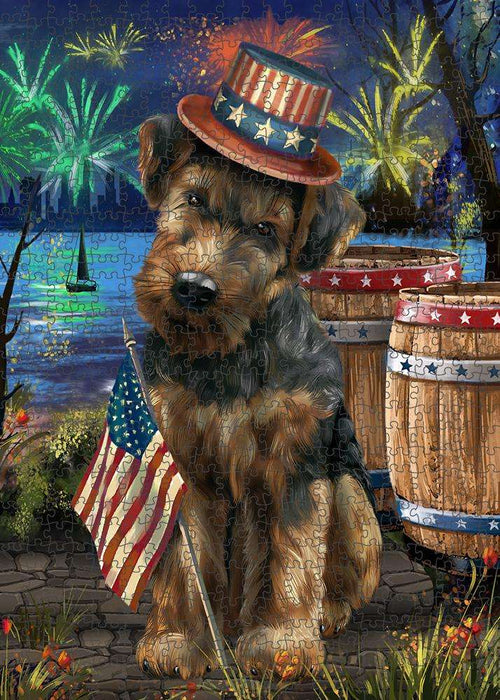 4th of July Independence Day Fireworks Airedale Terrier Dog at the Lake Puzzle with Photo Tin PUZL56580
