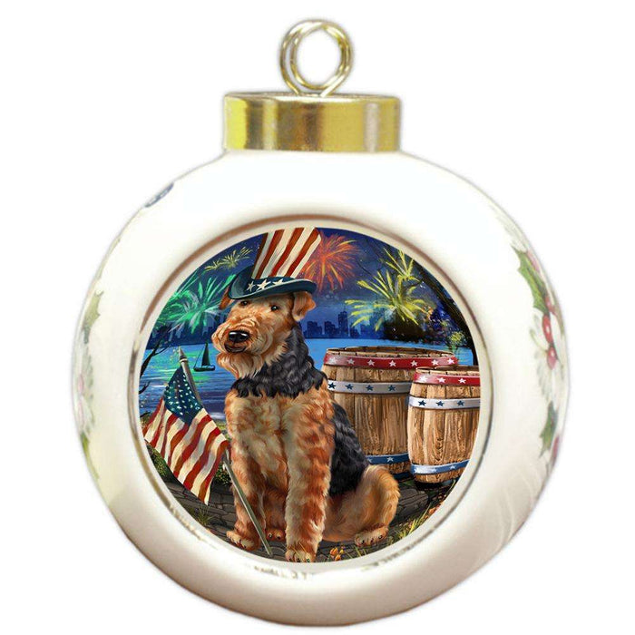 4th of July Independence Day Fireworks Airedale Terrier Dog at the Lake Round Ball Christmas Ornament RBPOR50902