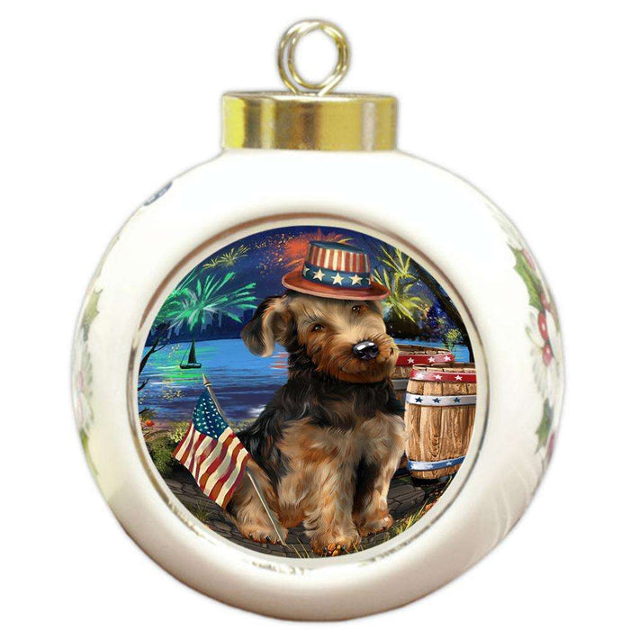 4th of July Independence Day Fireworks Airedale Terrier Dog at the Lake Round Ball Christmas Ornament RBPOR50903