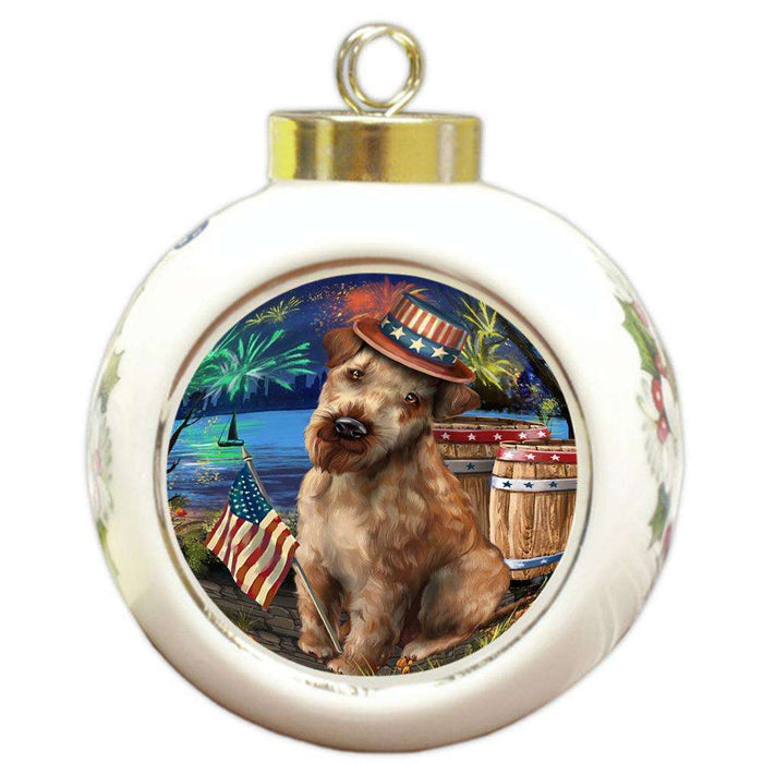 4th of July Independence Day Fireworks Airedale Terrier Dog at the Lake Round Ball Christmas Ornament RBPOR50904