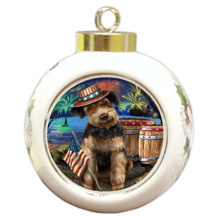 4th of July Independence Day Fireworks Airedale Terrier Dog at the Lake Round Ball Christmas Ornament RBPOR50905