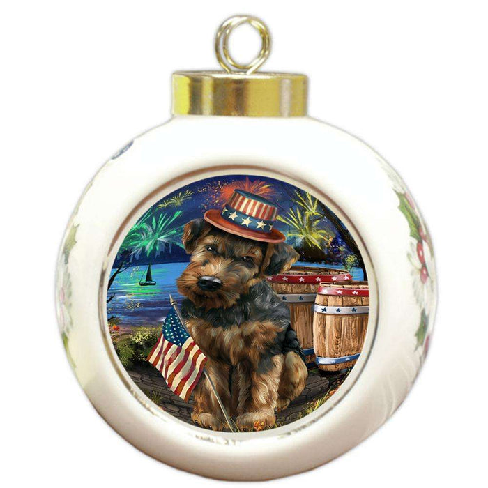 4th of July Independence Day Fireworks Airedale Terrier Dog at the Lake Round Ball Christmas Ornament RBPOR50906