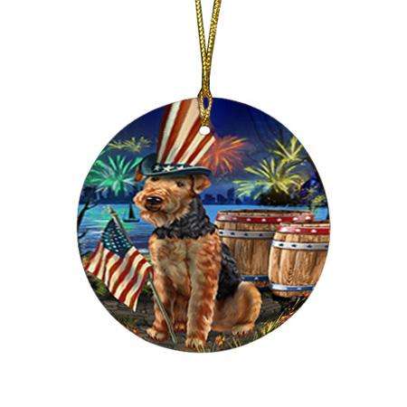 4th of July Independence Day Fireworks Airedale Terrier Dog at the Lake Round Flat Christmas Ornament RFPOR50893