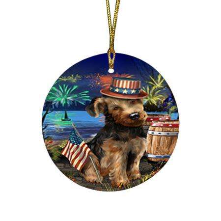 4th of July Independence Day Fireworks Airedale Terrier Dog at the Lake Round Flat Christmas Ornament RFPOR50894