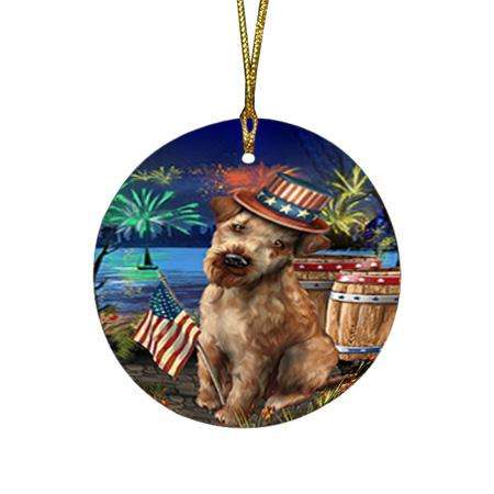 4th of July Independence Day Fireworks Airedale Terrier Dog at the Lake Round Flat Christmas Ornament RFPOR50895