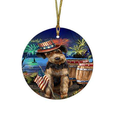 4th of July Independence Day Fireworks Airedale Terrier Dog at the Lake Round Flat Christmas Ornament RFPOR50896