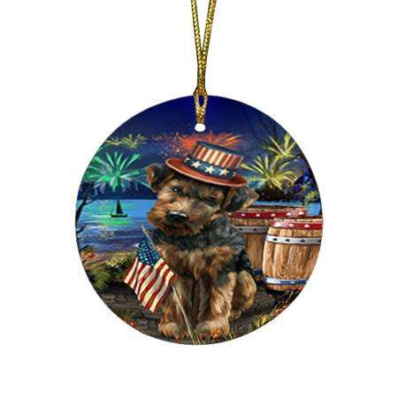 4th of July Independence Day Fireworks Airedale Terrier Dog at the Lake Round Flat Christmas Ornament RFPOR50897