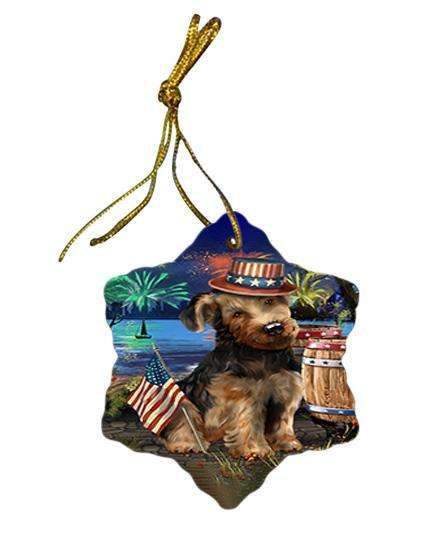 4th of July Independence Day Fireworks Airedale Terrier Dog at the Lake Star Porcelain Ornament SPOR50895