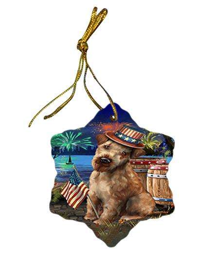 4th of July Independence Day Fireworks Airedale Terrier Dog at the Lake Star Porcelain Ornament SPOR50896