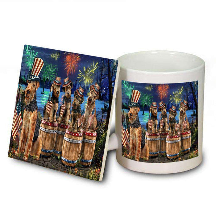 4th of July Independence Day Fireworks Airedale Terriers at the Lake Mug and Coaster Set MUC50996