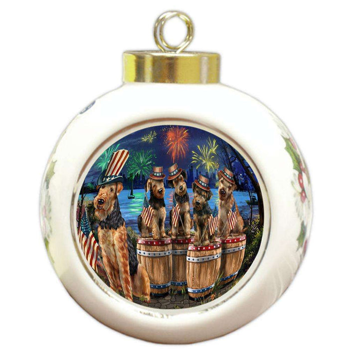 4th of July Independence Day Fireworks Airedale Terriers at the Lake Round Ball Christmas Ornament RBPOR51004