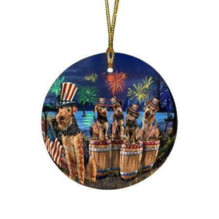 4th of July Independence Day Fireworks Airedale Terriers at the Lake Round Flat Christmas Ornament RFPOR50995