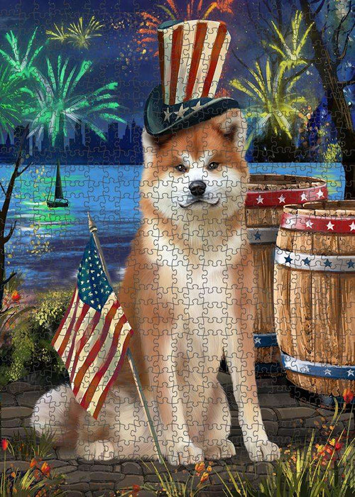 4th of July Independence Day Fireworks Akita Dog at the Lake Puzzle with Photo Tin PUZL57066