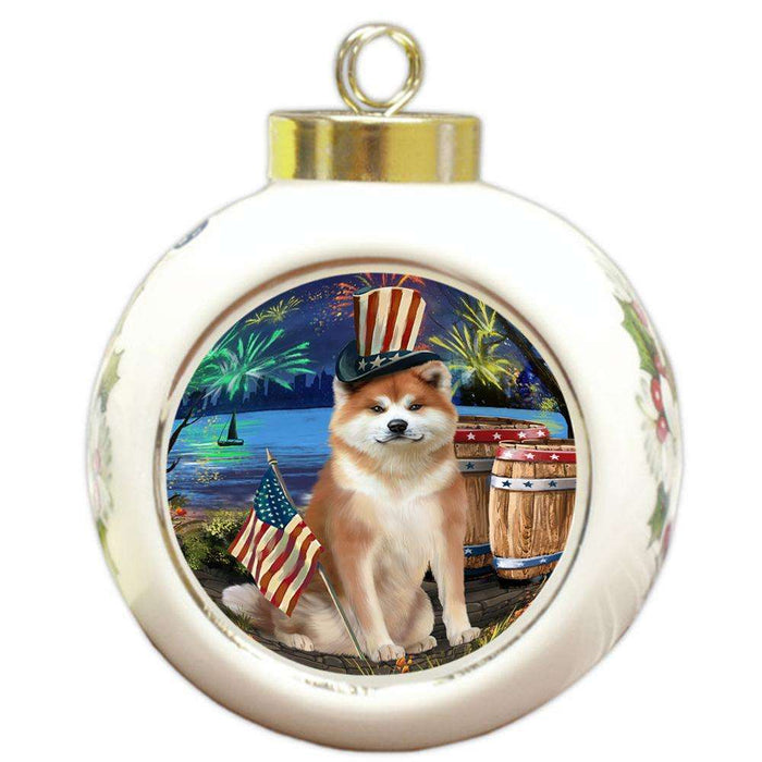 4th of July Independence Day Fireworks Akita Dog at the Lake Round Ball Christmas Ornament RBPOR51068