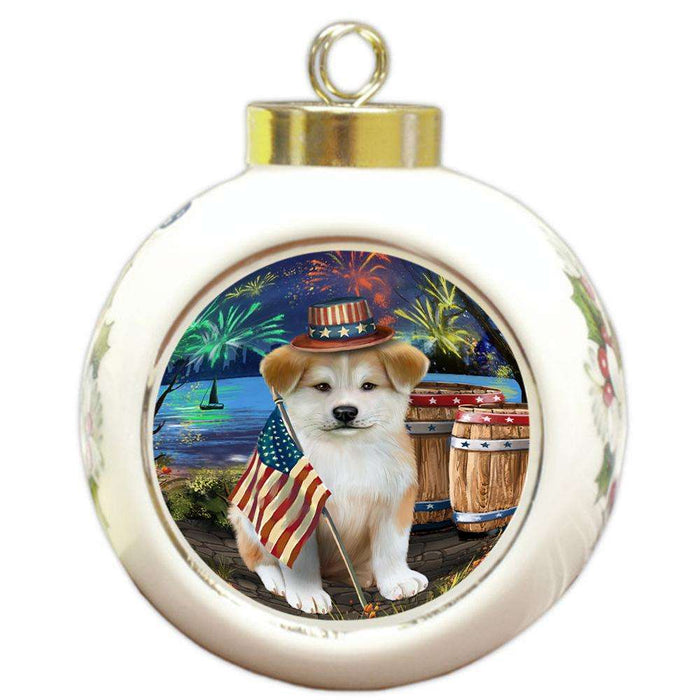 4th of July Independence Day Fireworks Akita Dog at the Lake Round Ball Christmas Ornament RBPOR51069