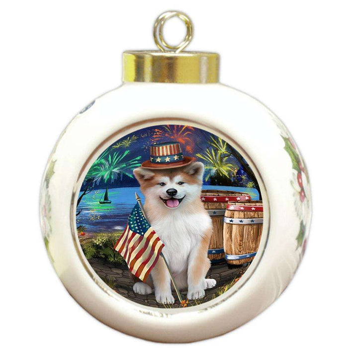 4th of July Independence Day Fireworks Akita Dog at the Lake Round Ball Christmas Ornament RBPOR51070