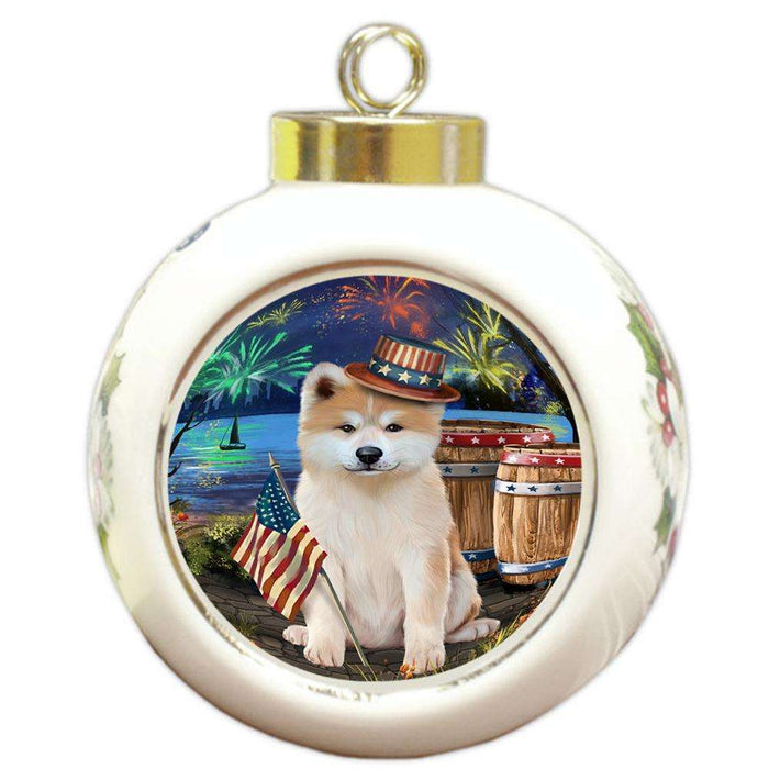 4th of July Independence Day Fireworks Akita Dog at the Lake Round Ball Christmas Ornament RBPOR51071