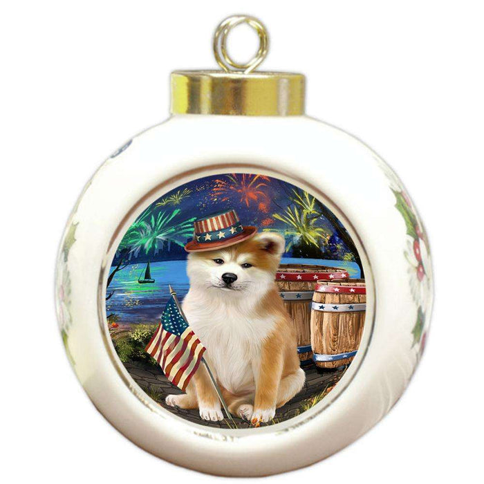 4th of July Independence Day Fireworks Akita Dog at the Lake Round Ball Christmas Ornament RBPOR51072