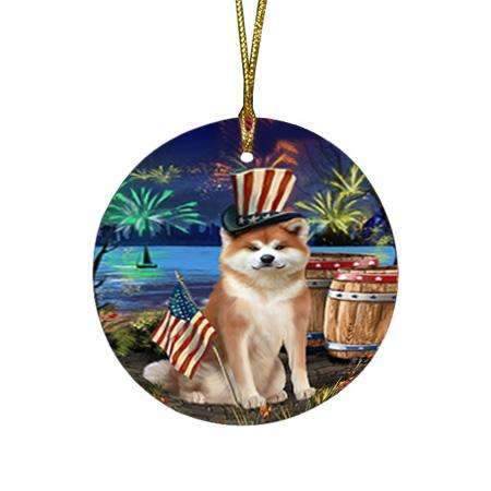 4th of July Independence Day Fireworks Akita Dog at the Lake Round Flat Christmas Ornament RFPOR51059
