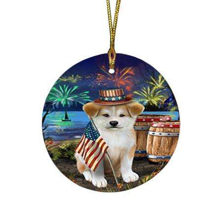 4th of July Independence Day Fireworks Akita Dog at the Lake Round Flat Christmas Ornament RFPOR51060