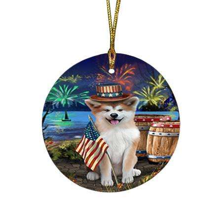 4th of July Independence Day Fireworks Akita Dog at the Lake Round Flat Christmas Ornament RFPOR51061