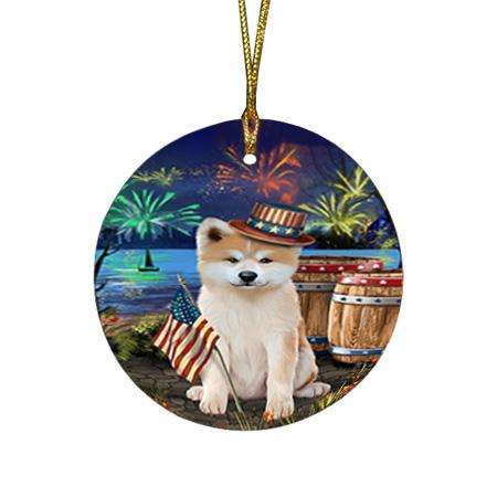 4th of July Independence Day Fireworks Akita Dog at the Lake Round Flat Christmas Ornament RFPOR51062