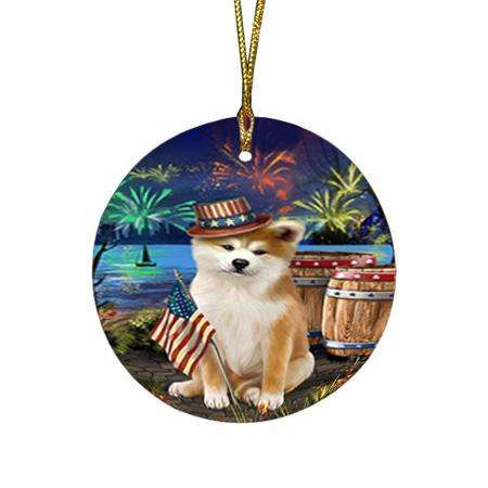 4th of July Independence Day Fireworks Akita Dog at the Lake Round Flat Christmas Ornament RFPOR51063