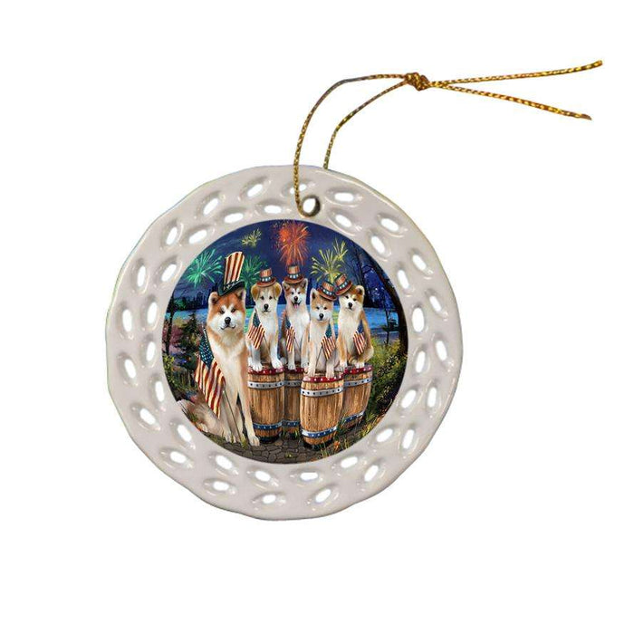 4th of July Independence Day Fireworks Akitas at the Lake Ceramic Doily Ornament DPOR51005