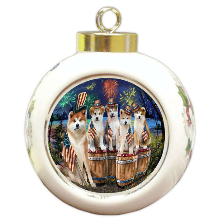 4th of July Independence Day Fireworks Akitas at the Lake Round Ball Christmas Ornament RBPOR51005