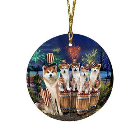 4th of July Independence Day Fireworks Akitas at the Lake Round Flat Christmas Ornament RFPOR50996