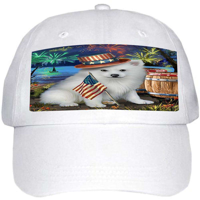 4th of July Independence Day Fireworks American Eskimo Dog at the Lake Ball Hat Cap HAT56454