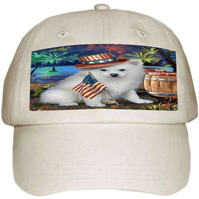 4th of July Independence Day Fireworks American Eskimo Dog at the Lake Ball Hat Cap HAT56454