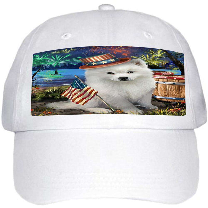 4th of July Independence Day Fireworks American Eskimo Dog at the Lake Ball Hat Cap HAT56457